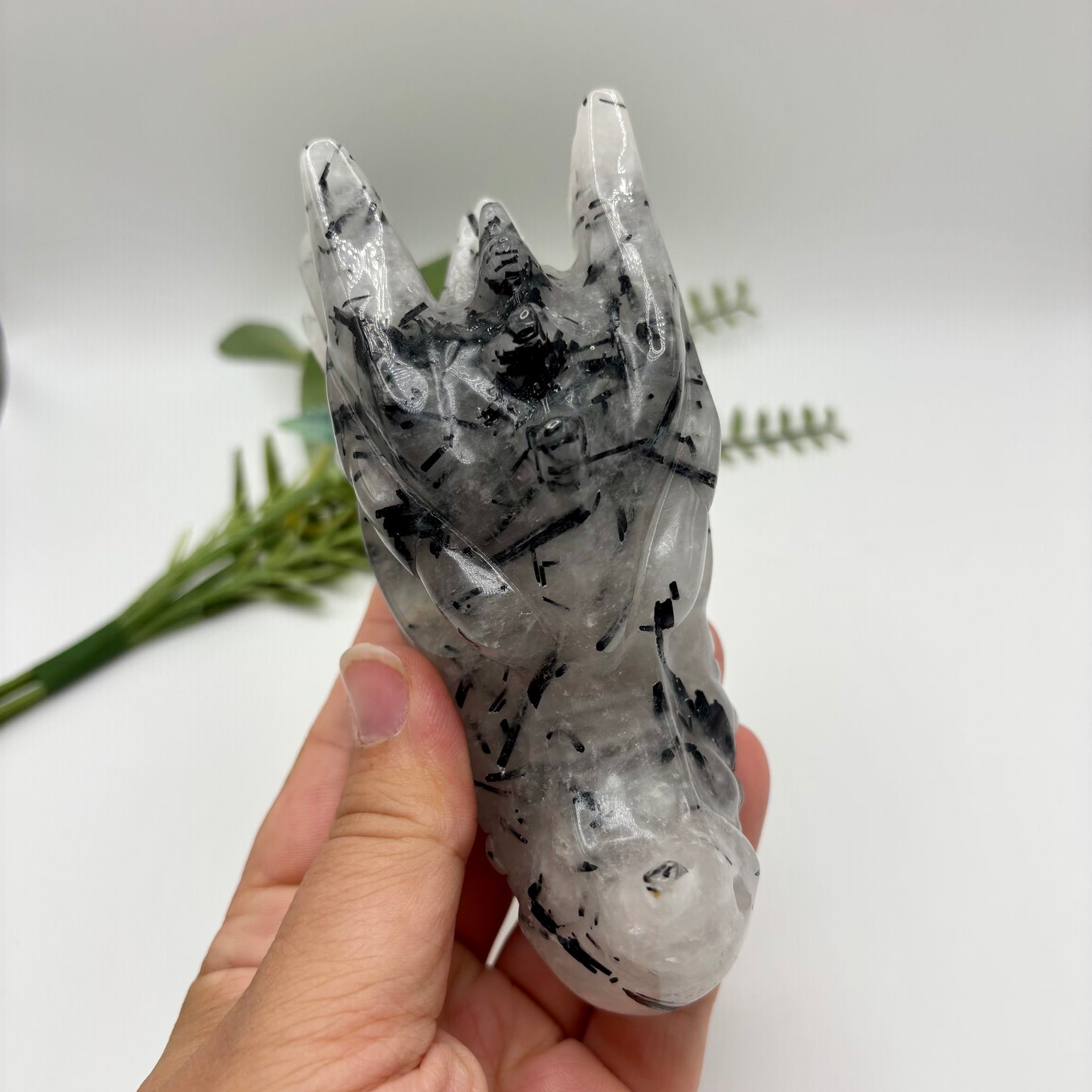 Black Tourmaline in Quartz Dragon Heads