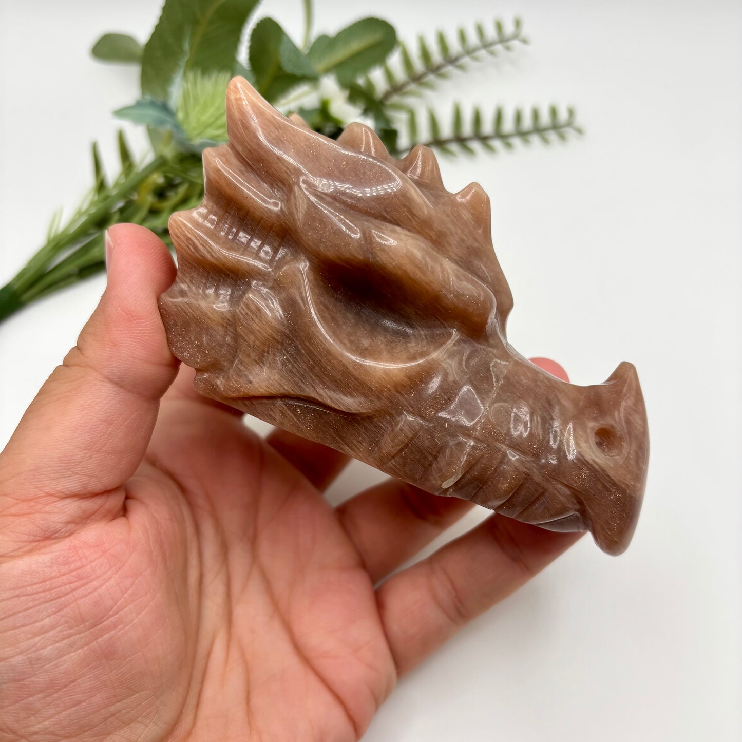 Peach Moonstone with Sunstone Dragon Head