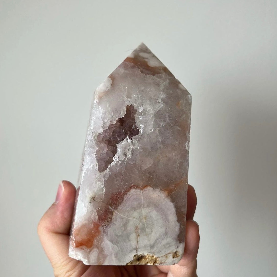 Pink Amethyst with Flower Agate Tower