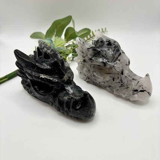 Black Tourmaline in Quartz Dragon Heads