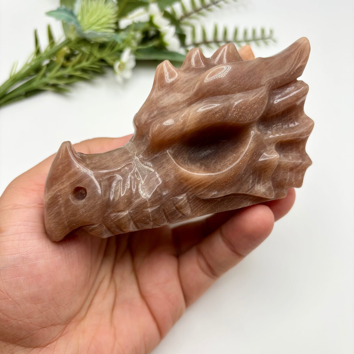 Peach Moonstone with Sunstone Dragon Head