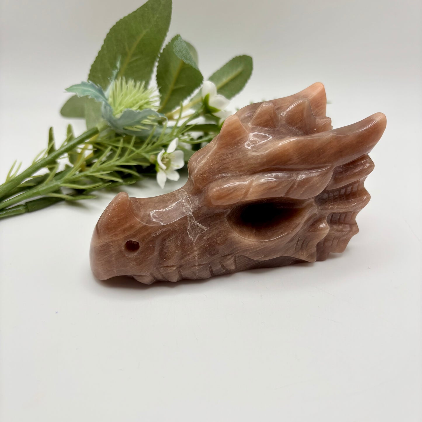 Peach Moonstone with Sunstone Dragon Head