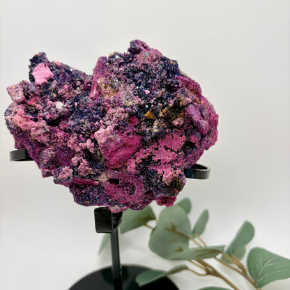 Ruby and Sapphire raw piece on custom stand